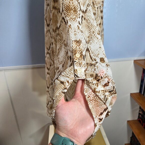 Apt. 9 2X Brown White Snake Skin Semi Sheer Button Up Roll Tab Casual Blouse - Picture 6 of 12